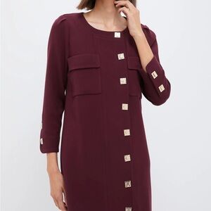 Tuckernuck Marlowe Oxblood Dress with Gold Buttons. Professional and sopficated.